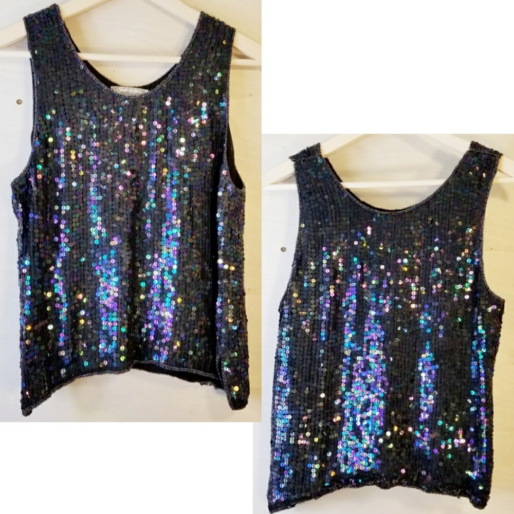 ✨ Vtg 60s Iridescent Sequin Tank Top | Black | S 🥂 - Picture 2 of 9